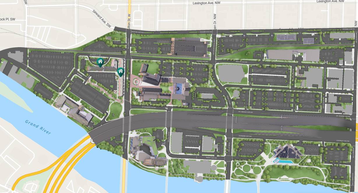 Map of the Robert C. Pew Grand Rapids campus and Grand Rapids housing options.